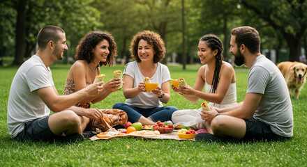 A group seated on the grass enjoying a casual summer meal with wraps and fruit bowls