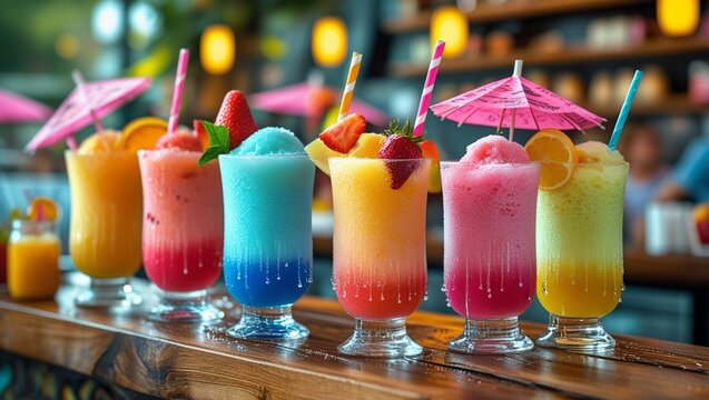 Vibrant, colorful frozen slush drinks with striped paper straws, garnished with fresh fruits and umbrellas, sit on a trendy wooden counter at a bustling smoothie bar, caf&eacute;, or restaurant