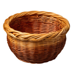 A round and empty wicker basket is isolated on transparent background, highlighting its woven texture and rustic appeal