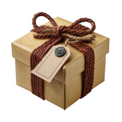 A wrapped gift box with a brown ribbon and blank tag is isolated on transparent background, ready to be personalized for someone special