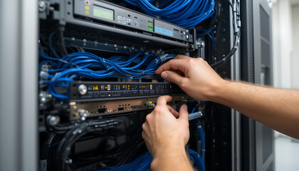 Technicians Hands Connecting Cables in a Server Rack System.