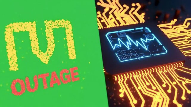 Abstract representation of a technology outage featuring a circuit board and a vibrant logo