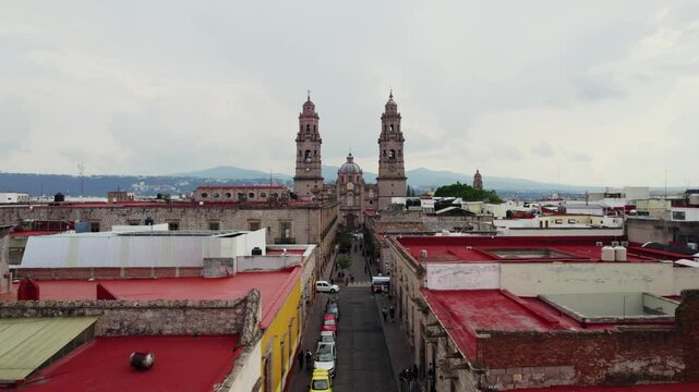 Aerial view of catedral de morelia and rooftops, Mexico.