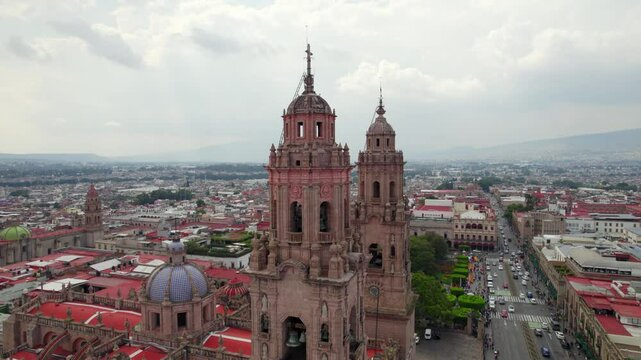 Aerial view of Morelia Cathedral and cityscape, Mexico.
