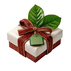 A beautifully wrapped gift box with a red ribbon and green leaves isolated on transparent background