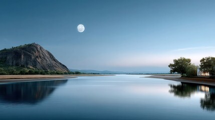 Serene riverside landscape at twilight, full moon