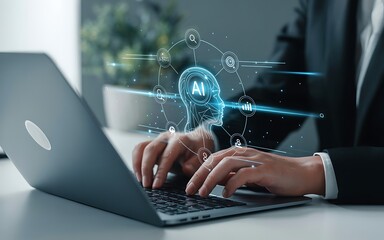 Person typing on laptop with ai graphic artificial