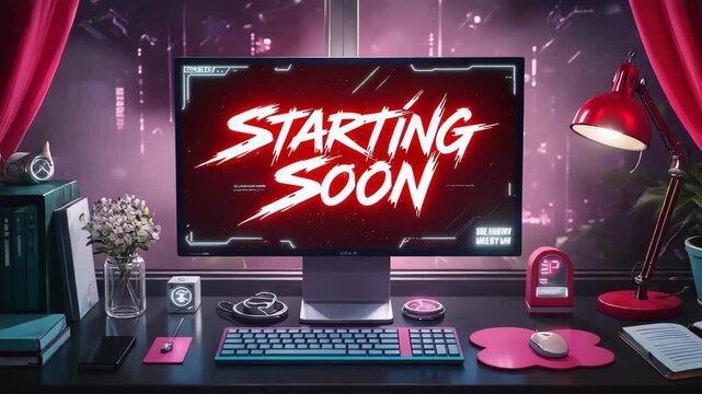 Streamer's Setup: "Starting Soon" Screen with Cyberpunk Aesthetic. Stream starting soon screen, overlay loop, animated virtual backgrounds, cozy lo-fi gaming room view. vtuber asset twitch zoom OBS.