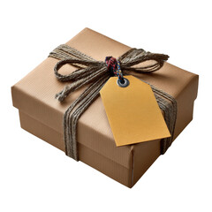 A brown gift box tied with twine and a blank tag isolated on transparent background