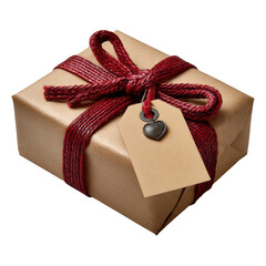 A brown gift box wrapped with a red ribbon and a heartshaped tag isolated on transparent background
