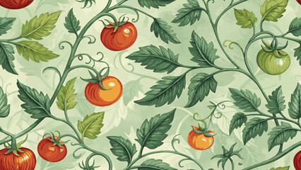 Vector illustration of seamless pattern. Fresh green tomato leaves vine pattern. tomato fruits. Pastel green background.