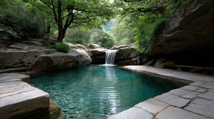 Tranquil pool fed by a waterfall in a lush woodland