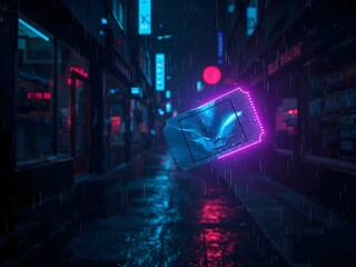 Glowing neon movie ticket stub floating in rainy city street at night