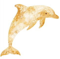 Golden Dolphin Silhouette, Watercolor Art Leaping Gracefully Amidst Delicate Floral Designs