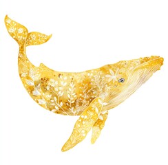 Golden Whale Silhouette Adorned with Delicate Floral Designs, a Watercolor Masterpiece Against a White Background