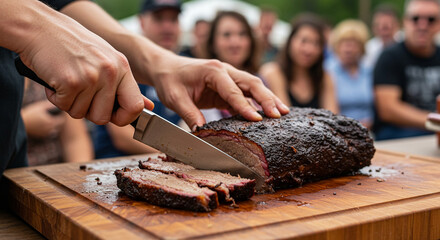 Close-up of a risket being cut on a wooden cutting board, background blurred with people