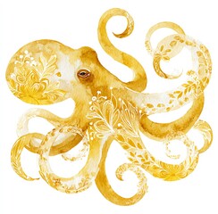 Golden Octopus Silhouette A Watercolor Masterpiece, Intricate Floral Designs Adorn This Aquatic Creature, Creating a Captivating Image.