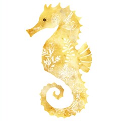 Golden Seahorse Silhouette with Delicate Floral Watercolor Design, a Serene Underwater Scene