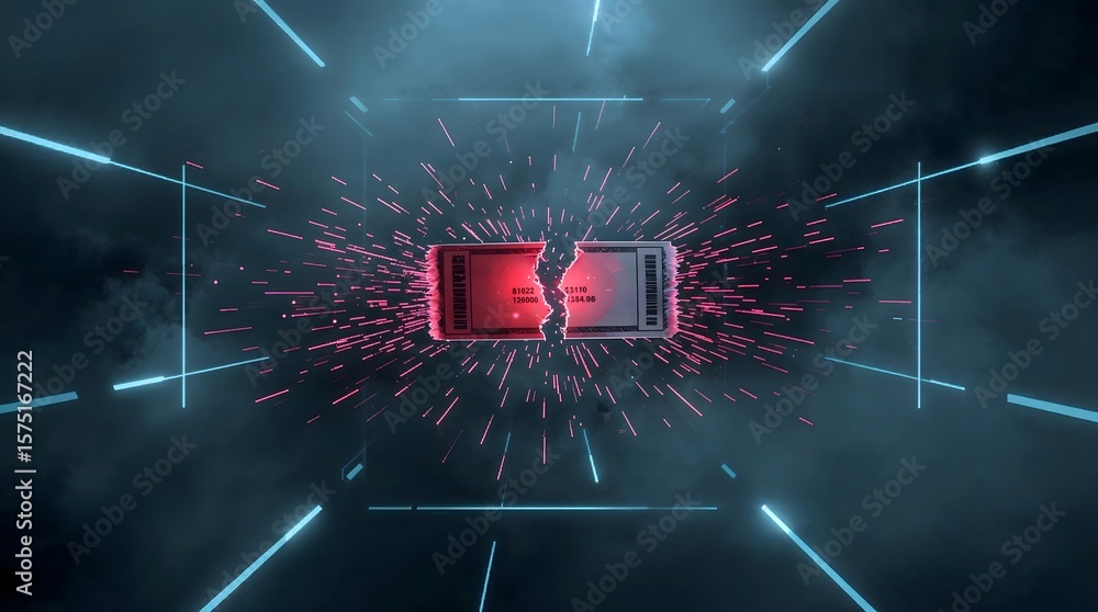 Poster digital rendering of broken phone battery with sparks in dark space