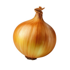 A single golden onion with its papery skin is isolated on transparent background, showcasing its natural texture and form