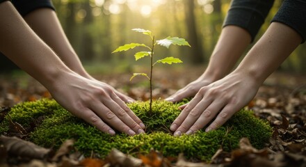 Hands planting seedling in forest moss