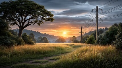 High-voltage power lines stretching across a wide countryside field at sunset, with golden sunlight illuminating the cables and metal towers.