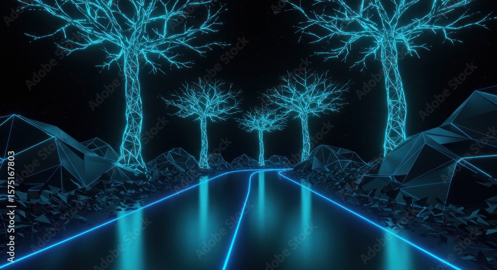 Fototapete cybernetic landscape with luminous trees and geometric formations creating a futuristic vista