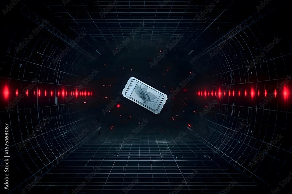 Poster torn movie ticket stub floating in digital space with red lights