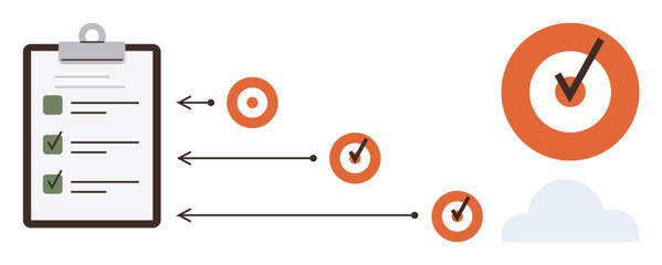 Clipboard checklist with completed tasks, arrows pointing to ticked targets, large target icon symbolizing goal attainment. Ideal for productivity, planning, strategy, prioritization, milestones