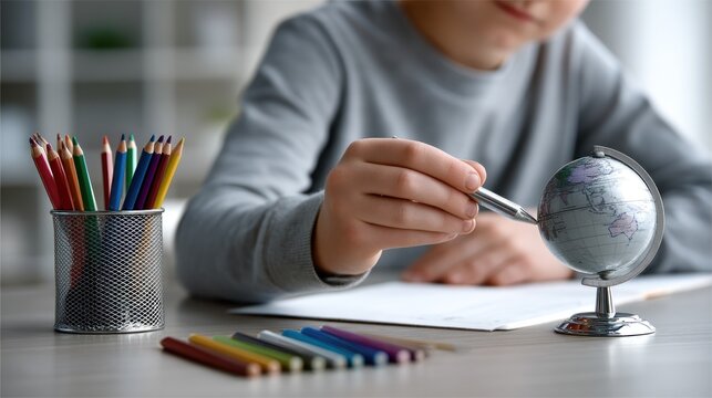 Child studying a globe, focused on a map