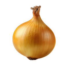 A single golden onion with its papery skin is isolated on transparent background, showcasing its natural texture and form