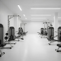 Fototapeta premium Modern empty gym with fitness equipment in a clean white minimalist interior