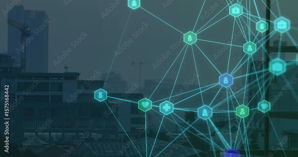 Poster faint hex nodes appearing over skyline glowing network pulsing purple node representing data flow