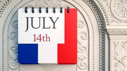 Calendar showing july 14th with french flag representing bastille day

