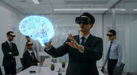 Man using augmented reality glasses to interact with AI brain interface during tech business meeting AI Agent AGI ASI