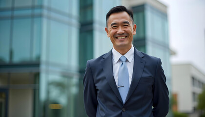 Fototapeta premium Confident bearded businessman in suit smiling outside modern glass office building