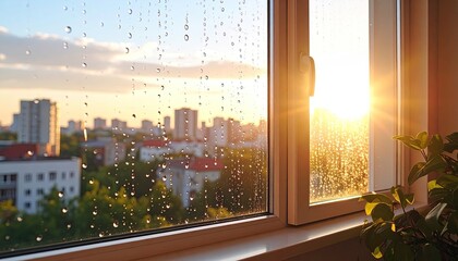 City sunset through rain-streaked window