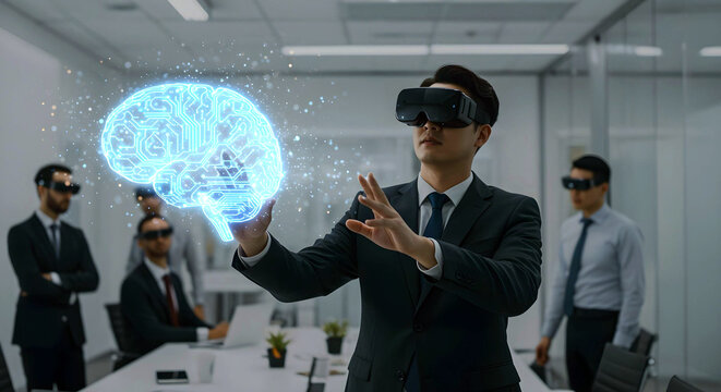 Man using augmented reality glasses to interact with AI brain interface during tech business meeting AI Agent AGI ASI