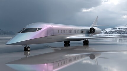 Fototapeta premium Sleek, iridescent private jet on a reflective surface, against a stormy mountain backdrop