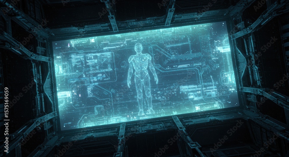 Poster futuristic human interface in dark environment featuring digital display and advanced technologies