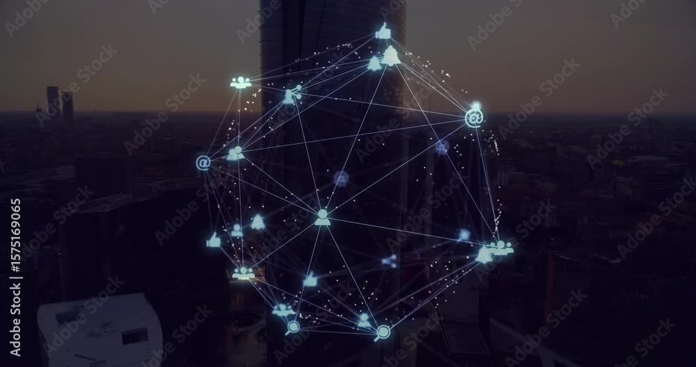 Poster when node glowing, 3d network sphere rotating above skyline, pulsing icons showing connectivity