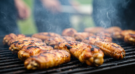 Close-up of chicken wings on a grill