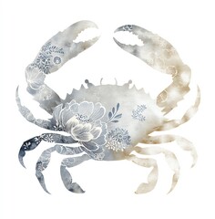 Elegant Watercolor Crab Silhouette, adorned with delicate floral patterns in soft grey and beige tones against a white background.