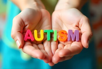 Hands carefully holding colorful letters that spell the word "Autism"