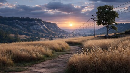 Industrial power lines towering over dry grasslands at dusk, with soft sunset light casting golden hues over the landscape.