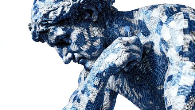 Close-up of a classical statue, reimagined with  abstract blue-toned pixel art