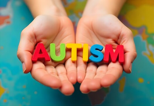 Hands carefully holding colorful letters that spell the word "Autism"