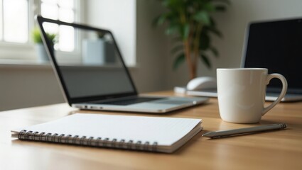Fototapeta premium Professional Workspace with Laptop Coffee, office desk with laptop ,coffee and laptop