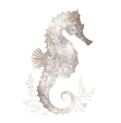 Elegant Watercolor Seahorse Silhouette with Delicate Floral Details on a White Background. A Serene and Peaceful Image.