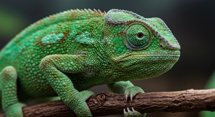 Obraz premium Green chameleon perched on a branch showcasing intricate skin texture and vibrant color displaying